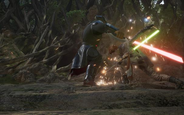 A screenshot of Star Wars Jedi: Fallen Order, depicting Cal Kestis having just inflicted a wound on the Ninth Sister.