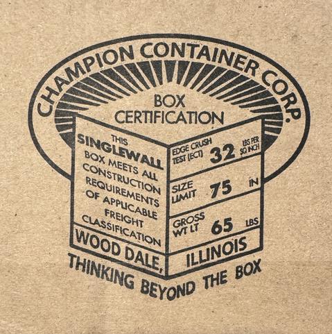 An image of a cardboard box label from Champion Container Corp, featuring certification details.