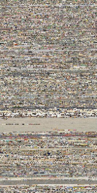 This image is 1980 pixels high and 1000 pixels wide. It's a colourful mosaic of 10 x 10 pixel thumbnails of collection images. It's ordered either by type or date, so you can see colour bands representing specific types of things.