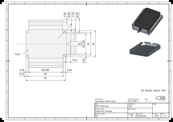 A technical drawing of a sheet metal part.  It is a bracked for mounting an RFID reader.

The flattened view is dimensioned for easily transferring the pattern onto the metal.  Bend lines are also marked so all the bends will later line up precisely.  On the right side, two 3D-views of the final part are shown.  One of these views includes the RFID reader that this bracket is supposed to hold.