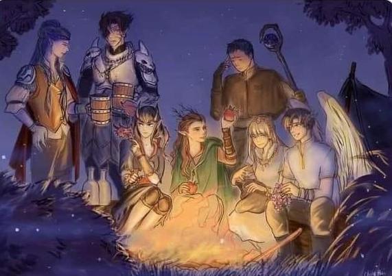 La imagen muestra una escena nocturna alrededor de una fogata, donde siete personajes de estilo fantástico están reunidos. Hay una mezcla de razas y clases típicas de juegos de rol: un guerrero con armadura, un mago con báculo, un arquero o druida con capa verde, y otros personajes con atuendos variados, incluyendo uno con alas. Están en un momento de camaradería, algunos sostienen flores o copas, lo que sugiere una pausa pacífica en medio de una aventura. El ambiente es cálido y sereno, iluminado por la luz del fuego bajo un cielo estrellado. Texto generado con IA