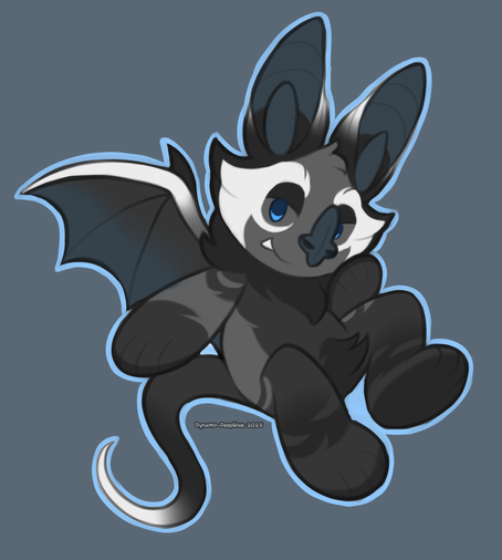 An illustration of a chibi false vampire bat with black, grey and white fur, a long tail, blue dot eyes, and simple, rounded hands and feet. He is looking off to the side with a mischievious smile and a hand up to his face, as if he might be plotting something. Art by Dynamo-Deepblue.