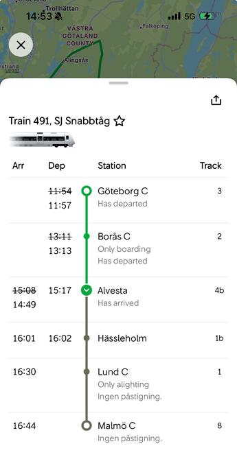 A train schedule for Train 491 (SJ Snabbtåg) showing departure and arrival times for various stations, including Göteborg C, Borås C, Alvesta, Hässleholm, Lund C, and Malmö C.