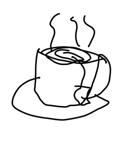 A black and white tea cup with tea the bag string is visible it's steaming and the tea is swirling.