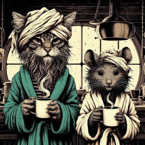 KI-Bild (DALL•E3):

Das Katz und Miss Meeps mit Handtüchern um die Köpfe und in Bademänteln. Brr, war das nass! Jetzt trocknen und Kaffee schlürfen… und auswürfeln, wer gleich dran ist mit Kochen.