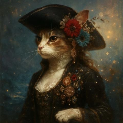 KI-Bild (GPT1 Medium):

Das Katz, hier noch mit frischer Piratinnen-Uniform. Heute elegant mit Blümchenstickerei auf Schwarz. Hinter ihr ist der Himmel schon fast komplett verfinstert, das Gewitter nähert sich zügig.