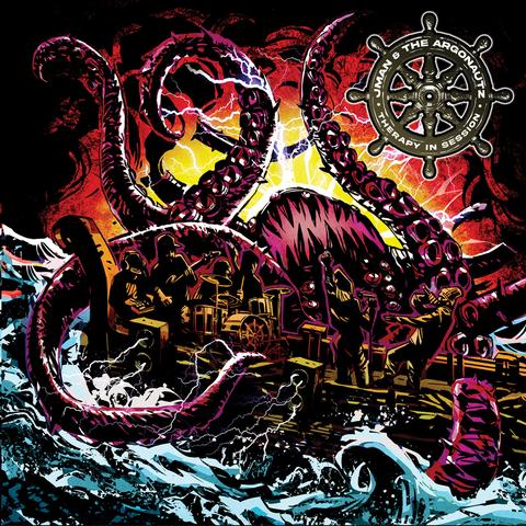 Album cover for "Therapy in Session" by Jman & The Argonautz. The artwork shows a dramatic scene where a massive purple octopus with electrified tentacles attacks a wooden stage floating on stormy seas. A band is performing on the stage amidst lightning strikes and crashing waves. The album title and artist name are featured inside a ship wheel emblem in the top right corner.