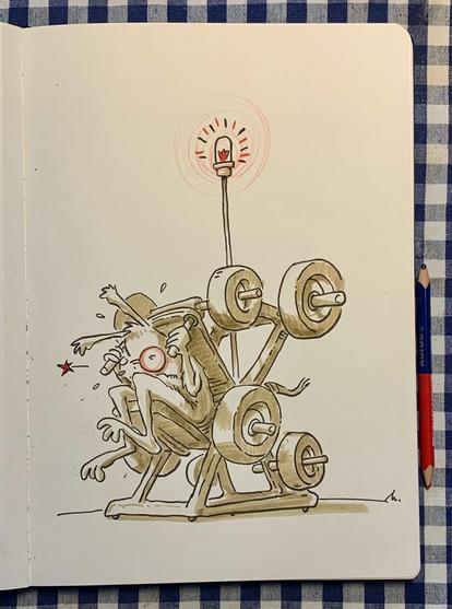 A cartoonish monster appears to struggle under a weightlifting machine looking distressed. A small star is depicted nearby, and a lightbulb above emits a glowing signal, adding a desperate touch to the scene.