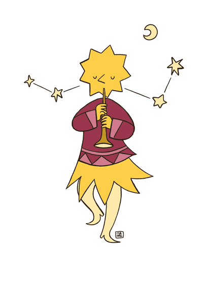 A character with a head shaped like a star. They are wearing a dress decorated with geometric shapes and they are playing a flute. Small stars float around their head to form a W, the constellation of Cassiopeia.