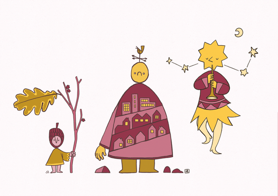 Three characters aligned on a white background. The first is small, their face is shaped like an acorn and they hold a big branch with a huge oak leaf. The second is big and wears a dress on which is drawn a town, houses and buildings with windows lit; they're wearing a weathercock on their head. The third is the star-shaped character described in the previous picture, playing flute.