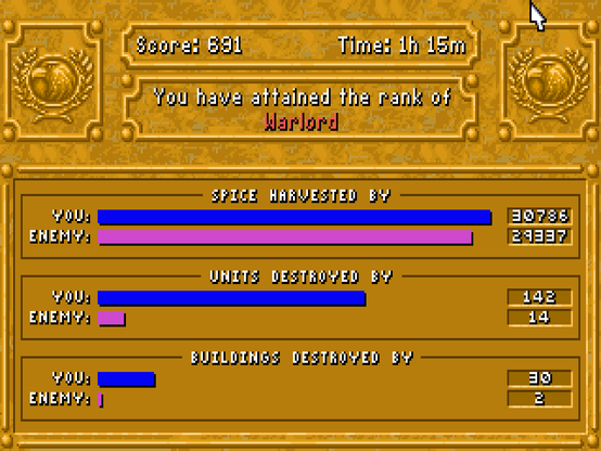 Debriefing screen of a Dune 2 mission. It shows that the enemy was completely annihilated by me (142 kills vs 14 and 30 buildings destroyed vs 2).

#retrogaming #msdos