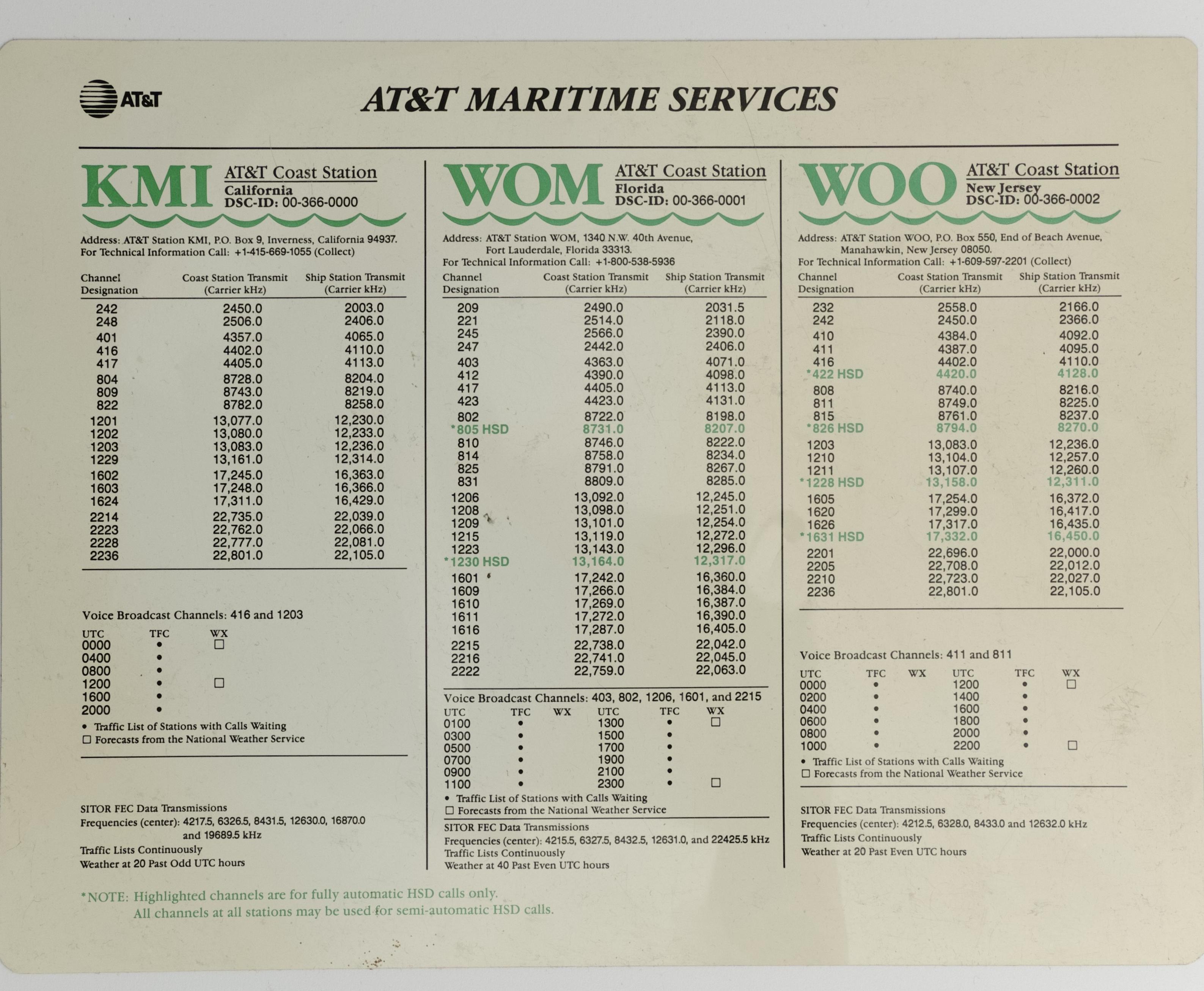 AT&T Maritime Services frequency chart, dated 1999.