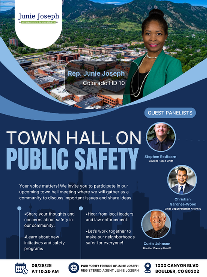 A town hall on public safety poster. Boulder public library, 3000 Canyon Blvd. Boulder. Saturday June 28 at 10:30am.