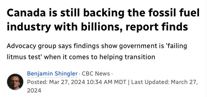 Canada is still backing the fossil fuel industry with billions, report finds

Advocacy group says findings show government is 'failing litmus test' when it comes to helping transition


Benjamin Shingler · Mar 24 2024