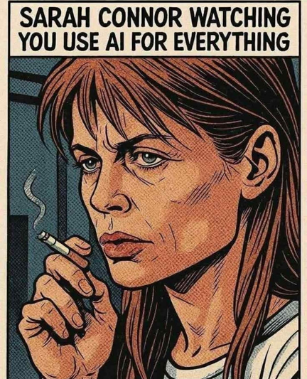 Cartoon of Sarah Connor (played by Linda Hamilton in The Terminator) smoking a cigarette, looking haggard, and staring glumly into the distance

Caption: Sarah Connor watching you use AI for everything