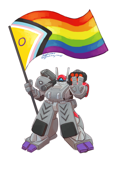 Drawing of a King Cobra from the tabletop game Heavy Gear, waving a Pride flag with: a rainbow striped field; an Intersex-Inclusive pile; and a Transgender & BIPOC striped chevron.