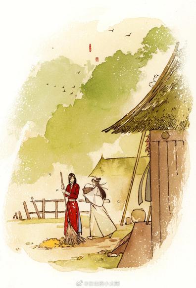 Art from the postcards in the TGCF English translation. Hua Cheng is sweeping up a pile of leaves as Xie Lian walks by with a basket.