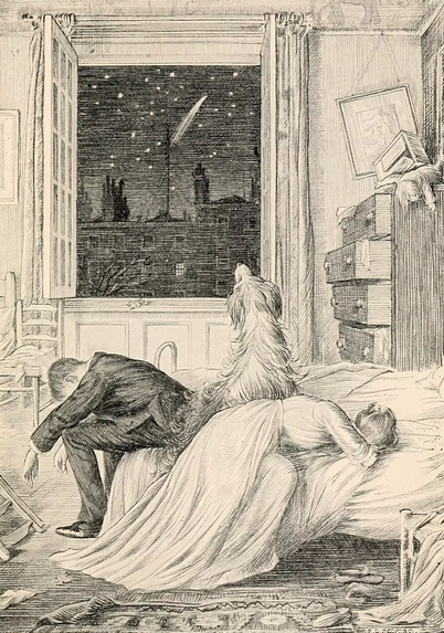 Mr. and Mrs. Darling and Nana discover that the children have all flown away. An illustration for "Peter and Wendy" by F. D. Bedford.