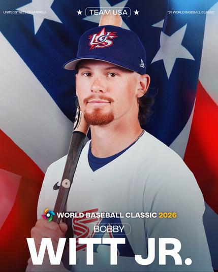 World Baseball Classic 2026
Bobby Witt Jr. 
Team USA
Pictured: Bobby Witt Jr. wears a white Team USA uniform with USA in red and white lettering across the front. He also wears a blue cap with a team USA logo. He poses with a bat over his right shoulder. There is an American flag backdrop behind him.