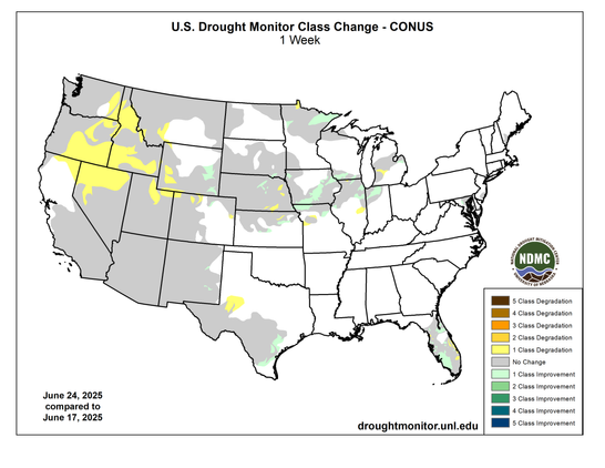 The 1 week change map shows how drought has changed on the U.S. Drought Monitor over the past week.