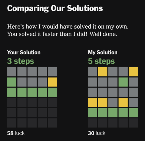 2 Wordle grids showing me beating the bot 3 to 5