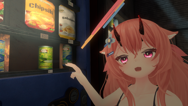 A picture of an avatar standing in front of a lit vending machine and pointing at it.