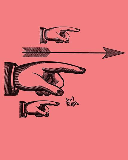 Four index pointers and one arrow all pointing to the right, printed in black on warm red paper stock.