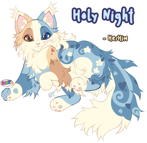 A gorgeous drawing of a gorgeous long hair cat. The pattern is blue, yellow, orange, and white all swirling into sweet patterns of the stars and heart and the sky. Reminisce of Starry Night.