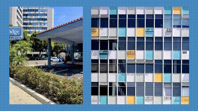Side-by-side photos of an original photo in color next to a cropped black and white version. 

Both feature a mid-century apartment building with aqua, yellow, and white panels along with similarly painted air conditioning units, but the cropped version is a geometric close-up of the apartment windows themselves.