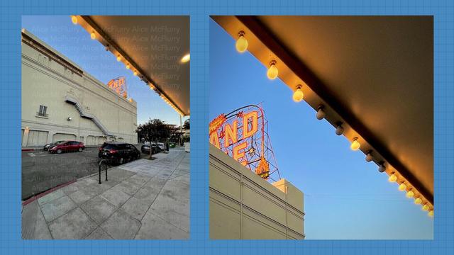 Side-by-side photos of an original photo in color next to a cropped black and white version. 

Both feature a lighted awning and a building with a tiny corner of a vintage sign for the Grand Lake Theater, but the final version is closely cropped to imply that you're peeking out under the lighted awning at it.