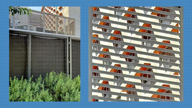 Side-by-side photos of an original photo in color next to a cropped black and white version. 

Both include an apartment building or hotel behind a fence, but the cropped version focuses on the windows with orange awnings behind the grates in the fence.