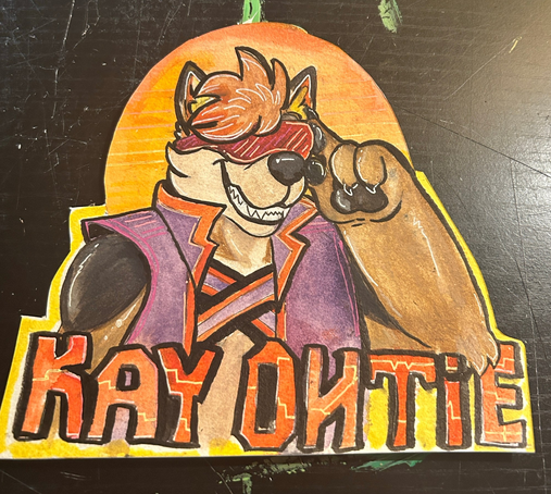 Watercolor painting of an anthro coyote made of latex. He is wearing a futuristic purple vest and red visor. He is smiling and adjusting his glasses. It says "Kay Ohtie" on the bottom