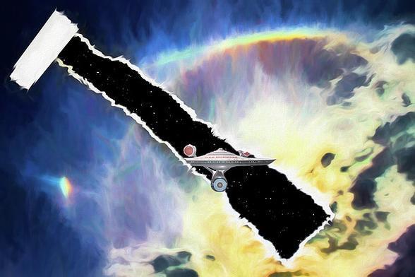 Artist: John Haldane

Source: https://fineartamerica.com/featured/tomorrow-is-yesterday-john-haldane.html?product=art-print
Portfolio: https://john-haldane.pixels.com/art


A poster for the Star Trek episode Tomorrow is Yesterday, featuring an image of a coronal mass ejection on the surface of the sun, but there is a paper tear in the middle of the image, and the Enterprise seemingly flying out of that tear.