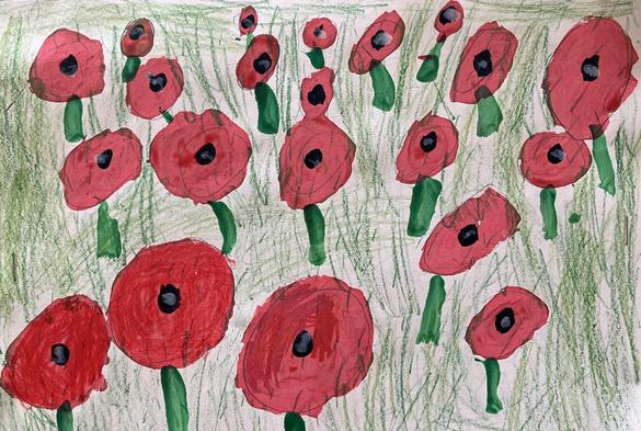 A children’s painting of red poppies with black centers and green stems, on a field of green grass