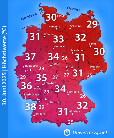 Extreme Hitze bis 38 Grad am 30. Juni 2025