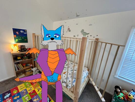 A anthropomorphic fox in a ABDL nursery wetting his nappy/diaper while wearing a Spyro The dragon footed onesie.