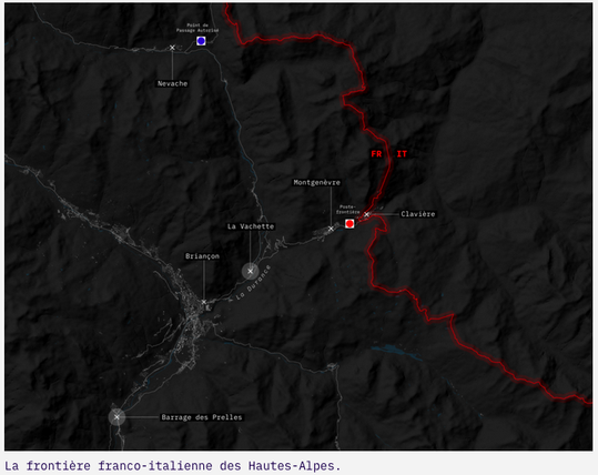 Carte de la frontière franco-italienne des Hautes-Alpes par Border Forensics.