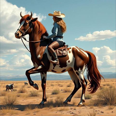 Image with seed 2142984362 generated via Stable Diffusion through @stablehorde@sigmoid.social. Prompt: Reverse cowgirl, but literal and it’s like a centaur situation where the bottom half is human and the top half is cow @JonBaker