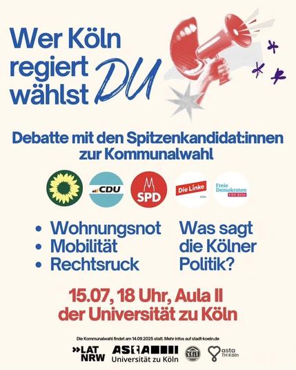 Neuer Beitrag


Zurück

1 Min.

GUT & KLIMA FREUNDE
@gutklimafreunde
Die Kölner #Asten wollen auch nicht jede demokratische Ratspartei dabei haben.....


Ausblenden

1





Altbot
@altbot@fuzzies.wtf
@gutklimafreunde Das Bild ist ein Plakat für eine Debatte mit den Spitzenkandidat:innen zur Kommunalwahl in Köln. Es hat einen hellen Hintergrund und enthält mehrere visuelle Elemente. Oben steht in großen blauen Buchstaben: "Wer Köln regiert wählst DU". Rechts daneben ist ein roter Megaphon mit einer offenen Hand dargestellt, symbolisierend für die Stimme der Bürger. Darunter steht in blauer Schrift: "Debatte mit den Spitzenkandidat:innen zur Kommunalwahl".

Unter dem Titel sind die Logos der politischen Parteien CDU, SPD, Die Linke und FDP-Köln abgebildet. Weiterhin sind die Themen der Debatte aufgelistet: "Wohnungsnot", "Mobilität" und "Rechtsrück". Rechts davon steht in blauer Schrift: "Was sagt die Kölner Politik?".

Am unteren Rand des Plakats ist die Veranstaltungsdetails angegeben: "15.07, 18 Uhr, Aula II der Universität zu Köln". Darunter steht in kleinerer Schrift: "Die Kommunalwahl findet am 14.09.2025 statt. Mehr Infos auf stadt-koeln.de". Am unteren Rand sind die Logos von LAT NRW, ASIÄ Universität zu Köln und asta TH Köln zu sehen.