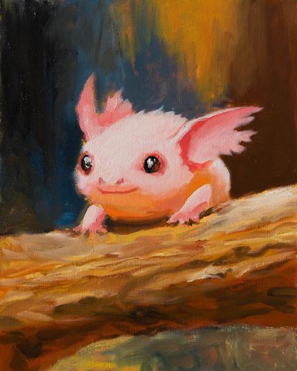 Fertige Acryl-/Ölskizze: Axolotl-Hamster-Wesen auf einem Baumstamm.