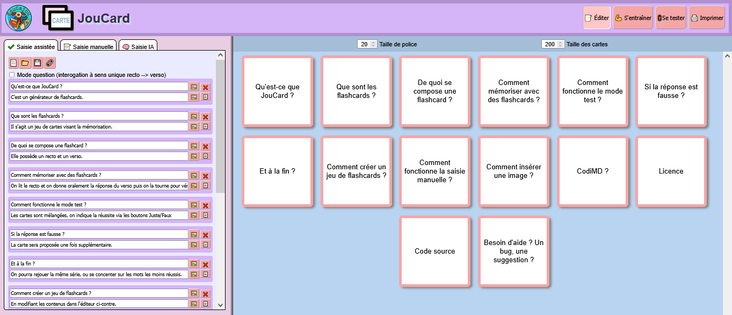 Capture d'écran de l'application JOUCARD