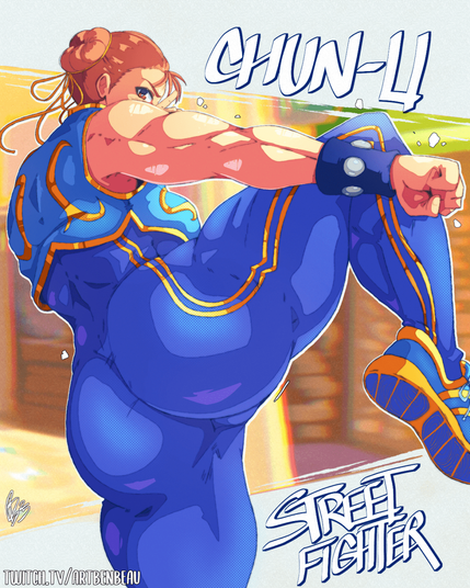 Digital Art. Chun-Li from Street Fighter striking an action pose with her back turned away from the viewer. She is stand on her left leg with her right raised up; her right arm is extended outward with her hand clenched into a fist. The text "CHUN-LI" and "STREET FIGHTER" are written in outlined letters on the background.