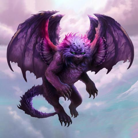 A large purple, furry animal with four wings and three eyes (two green, one purple) with musical tubes under the wings, strings wrapped around it's tale and three orifices on its head that also serve to make sounds.