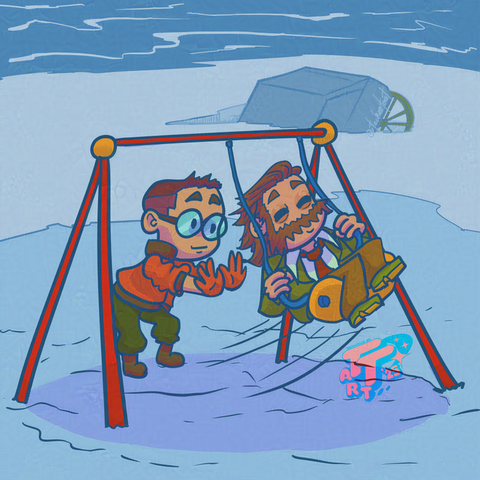 An admittedly way too cutesy illustration of Kim and Harry (2 characters from the game Disco Elysium, a game which is NOT AT ALL cutesy btw) drawn in a chibi-esque style, playing on a swing set together. In the background you can see a little bit of the ocean and the vague image of a vehicle that has crashlanded in the ice below. Kim and Harry are both smiling and having a grand time. :) This is the illustration for June's animated print. 😌