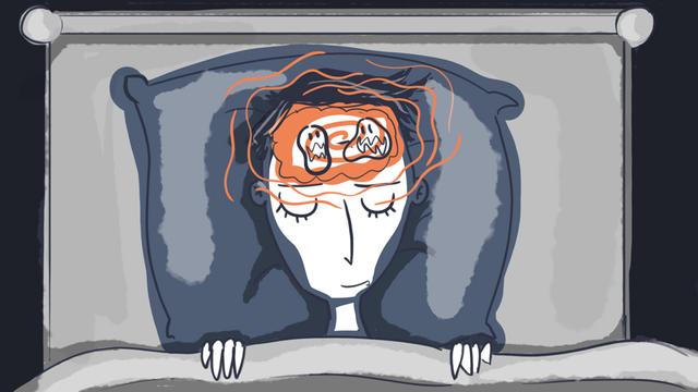 A close-up of a cartoon woman who lies in bed, asleep. On her forehead, we see two blobs fighting on an orange background, suggesting dreaming and brain warmth. The pillow and her blanket are in cold tones of dark blue and grey.