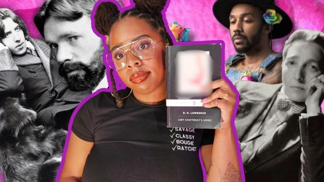 YouTube thumbnail of the Princess Weekes video You Should Be Worried About Literary Censorship. Princess Weekes is in the center of the image holding up a censored cover of a well-worn cover of the Penguin printing of D.H. Lawrence's Lady Chatterley's Lover. Princess Weekes is a black woman with braids gathered into buns high on her head. She wears aviator style glasses, has rust brown glossy lipstick on and has her nose pierced twice. Her black shirt as the words Savage, Classy, Bougie, and Ratchet with green checkmarks. The background has photos of Oscar Wilde, D.H. Lawrence, George M. Johnson, and Radclyffe Hall.