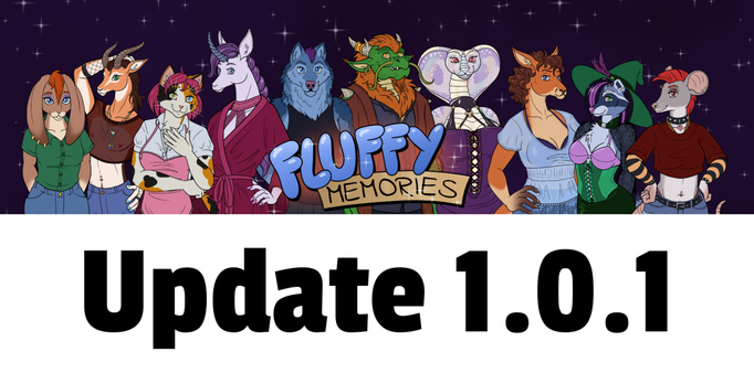 Several anthro characters - a rabbit, a gazelle, a calico cat, a unicorn, a wolf, a dragon, a cobra, a kangaroo, a raccoon, and a mouse, behind the name of the video game, Fluffy Memories. Underneath is the text "Update 1.0.1"