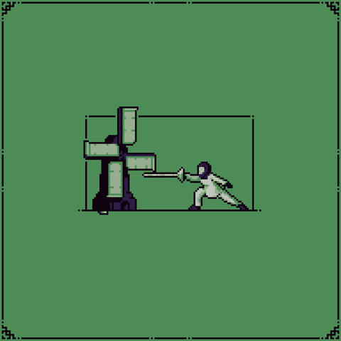 A fencer in full suit charging a windmill