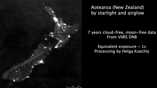 Text says Aotearoa (New Zealand) by starlight and airglow. 7 years cloud-free, moon-free data from VIIRS DNB. Equivalent exposure ~1s. Processing by Helga Kuechly.

Image shows a satellite view of Aotearoa at night with no clouds. The cities are shining brightly, and you can clearly make out the albedo differences at the land-water boundary, as well as the bright reflection from glaciers.