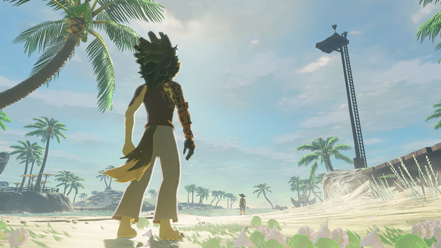 Wolf Link wearing no shirt and white pants standing on a beach with back to the camera looking out at the horizon with a bright sky